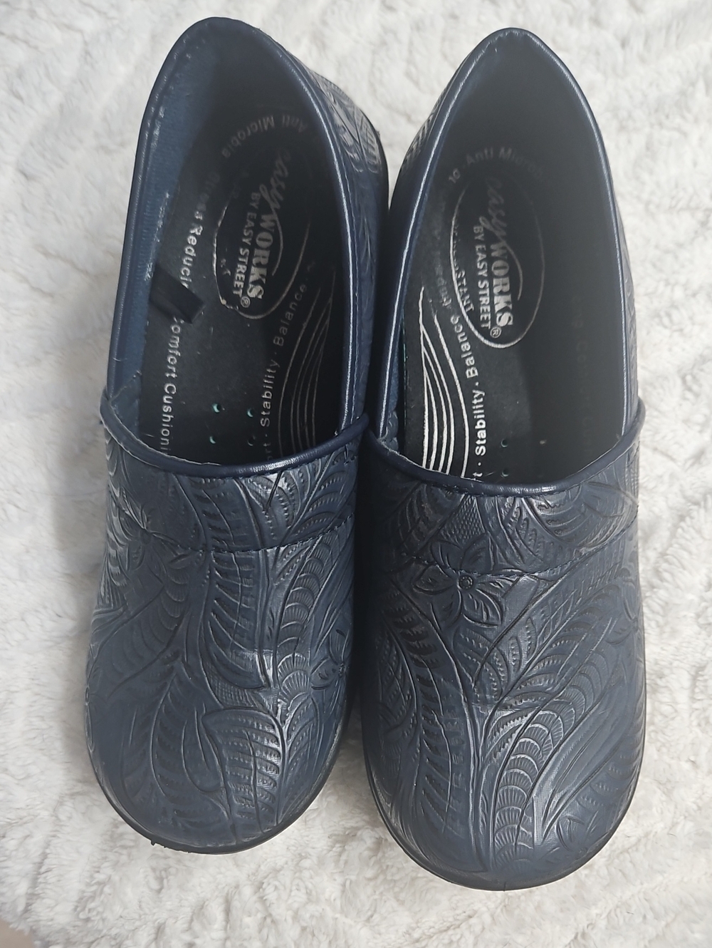 easy street navy embossed floral slip-on mules